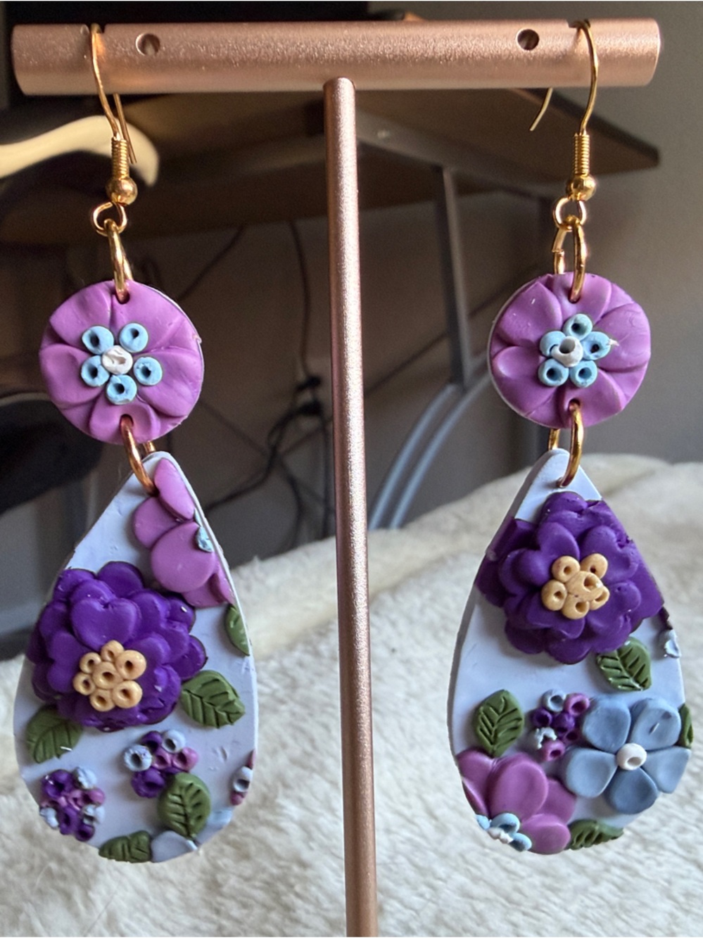 Purple Floral Teardrop Earrings with Gold Hooks